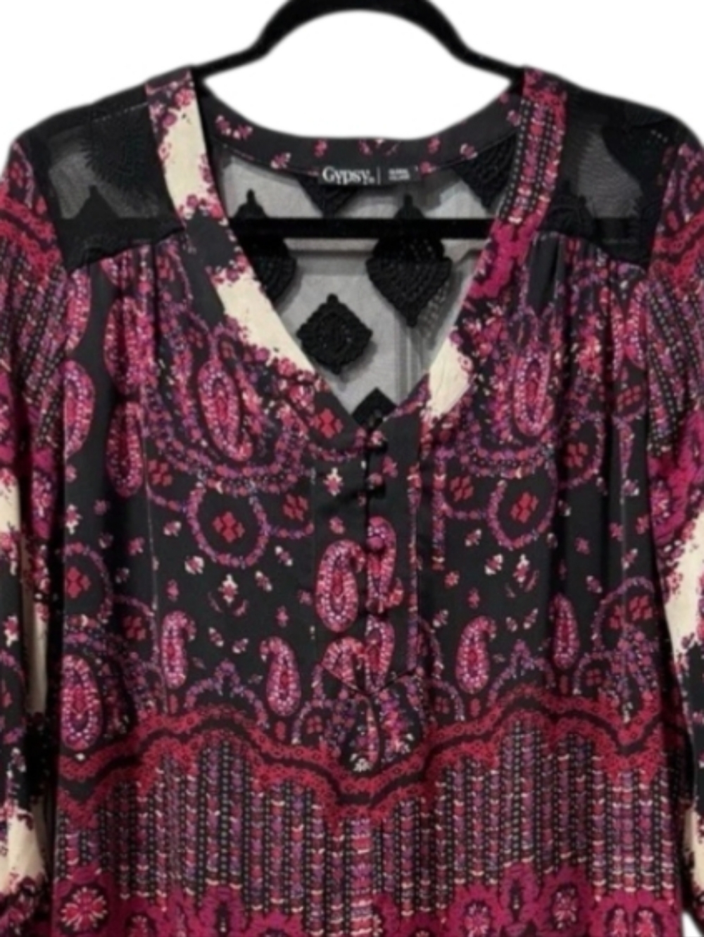 Gypsy 05 Silk Boho Pink Black Paisley Floral V-neck Mini Dress Lace Back Size S. - Picture 3 of 14